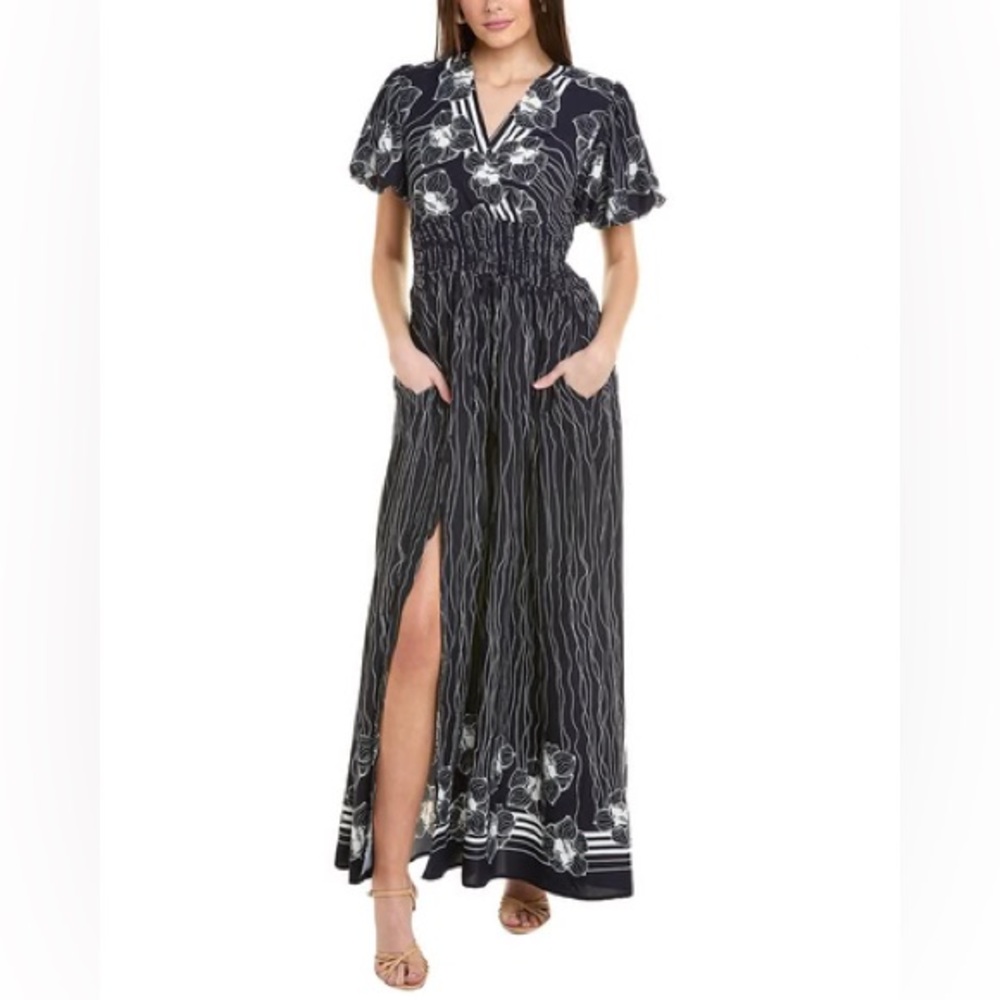 NW/OT Gracia Women’s Lines & Flower Print V-Wrap Maxi Dress 
Size S 
Blue